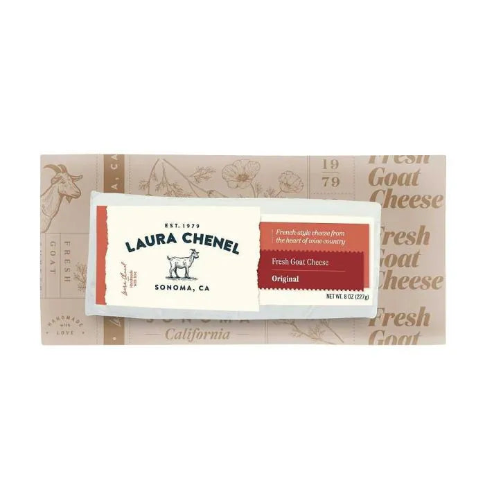 Laura Chenel | Goat Cheese Log, 8 oz, featuring traditional French shape and creamy texture, wrapped in paper with brand details and artisanal cheese-making illustrations.