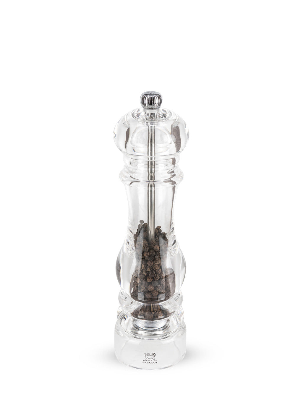 Peugeot Paris Nancy Pepper Mill, Acrylic, 9 inches, showcases suspended black peppercorns with an adjustable top knob for coarseness control, perfect for enhancing kitchen flavor.