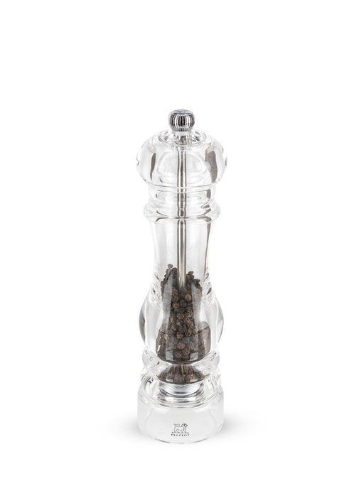 Peugeot Paris Nancy Pepper Mill, Acrylic, 9 inches, showcases suspended black peppercorns with an adjustable top knob for coarseness control, perfect for enhancing kitchen flavor.
