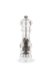 Peugeot | Paris Nancy Pepper Mill, Acrylic, 9 inches, showcasing suspended black peppercorns, with an adjustable coarseness knob, perfect for flavor enthusiasts and stylish table settings.