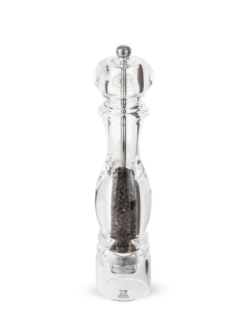 Peugeot | Paris Nancy Pepper Mill, Acrylic, 12 inches, showcasing whole black peppercorns. Features adjustable coarseness for optimal flavor enhancement in culinary creations.