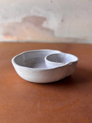 ROB Ceramics - Olive Serving Bowl Handmade: White, a dual-compartment ceramic bowl for snacks and dip, ideal for tidy entertaining and charcuterie presentations.