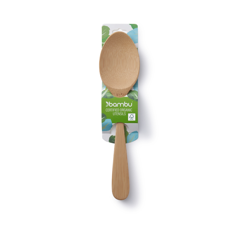 bambu® - Bamboo Serving Spoon in packaging with Certified Organic Utensils branding on cardboard, showcasing its eco-friendly, durable design ideal for versatile kitchen use.
