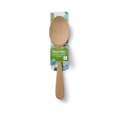 bambu® - Bamboo Serving Spoon in packaging with Certified Organic Utensils branding on cardboard, showcasing its eco-friendly, durable design ideal for versatile kitchen use.