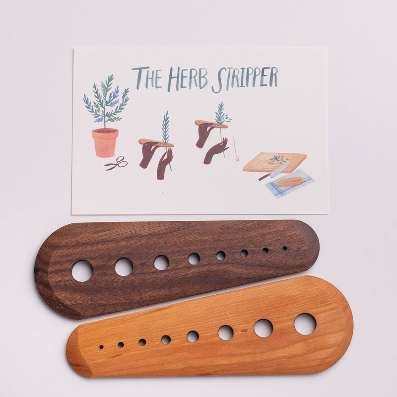 Collin Garrity - Herb Stripper: Maple (Limited-release) features a paddle with holes for stripping herb leaves, shown with an instruction card detailing its use.