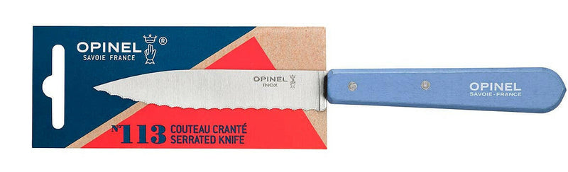 Opinel No. 113 serrated knife with a blue handle, perfect for slicing fruits and vegetables; a must-have kitchen tool from Athens Cooks.