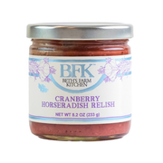Beth's Farm Kitchen - 1/2 case of Cranberry Horseradish Relish - 6 jars, highlighting its tangy flavor, vegan and gluten-free, ideal for enhancing sandwiches and charcuterie boards.