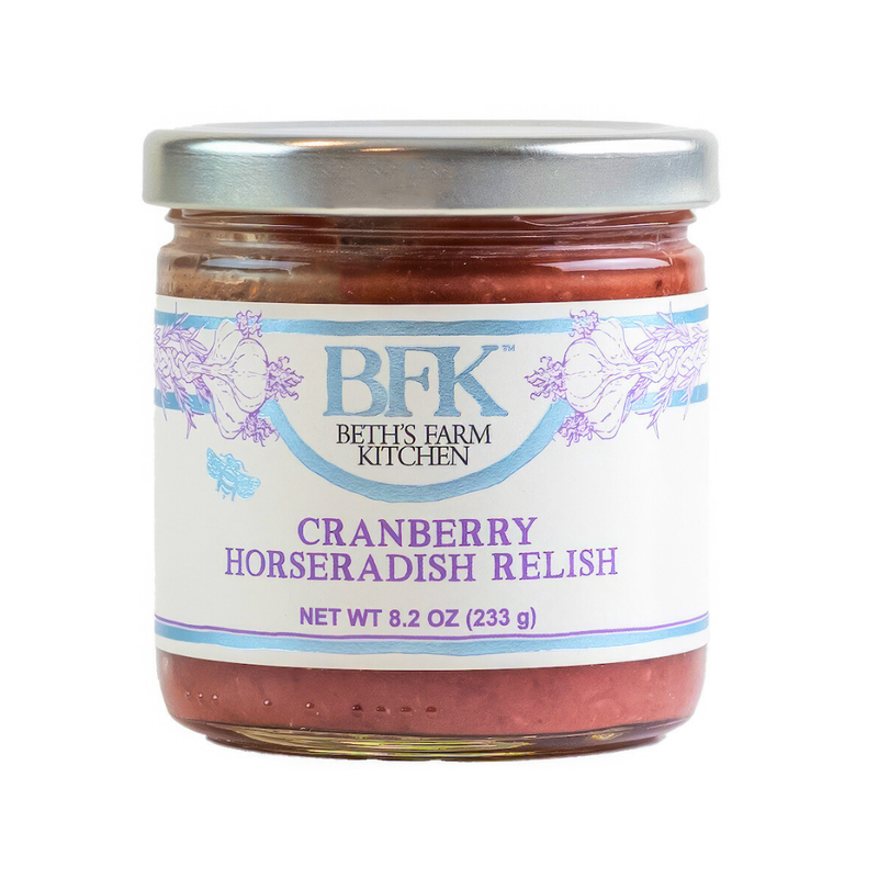 Beth's Farm Kitchen - 1/2 case of Cranberry Horseradish Relish - 6 jars, highlighting its tangy flavor, vegan and gluten-free, ideal for enhancing sandwiches and charcuterie boards.