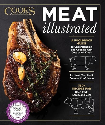 Cover of Meat Illustrated cookbook featuring a grilled bone-in steak with garlic and herbs, offering 350+ meat recipes for various cuts.