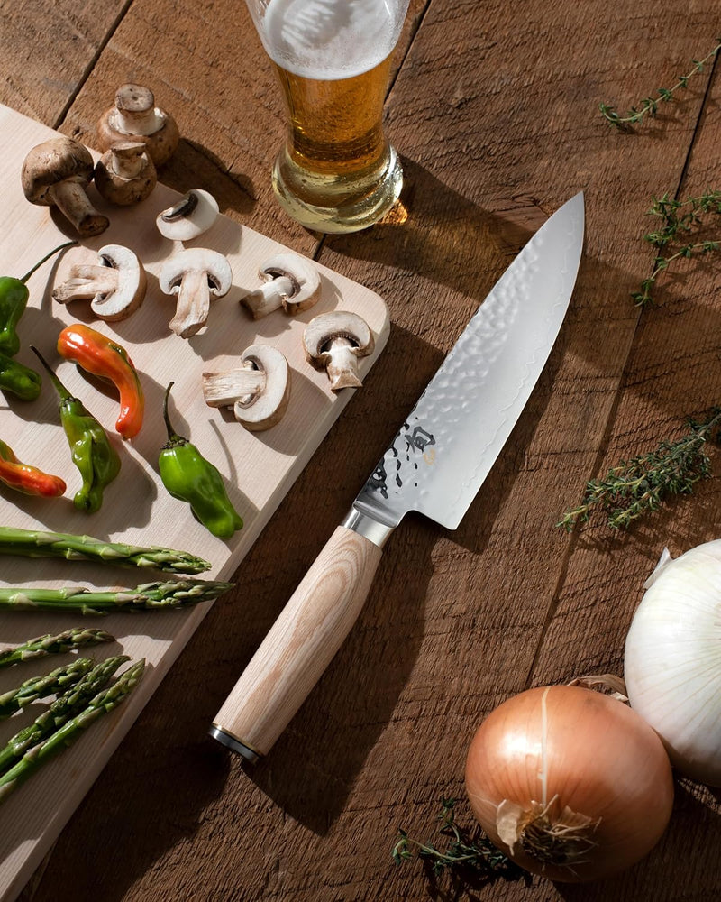Shun | Premier Blonde Starter Set, 3 Pc features prominently, showcasing the elegant chef's knife on a rustic cutting board amid fresh ingredients.