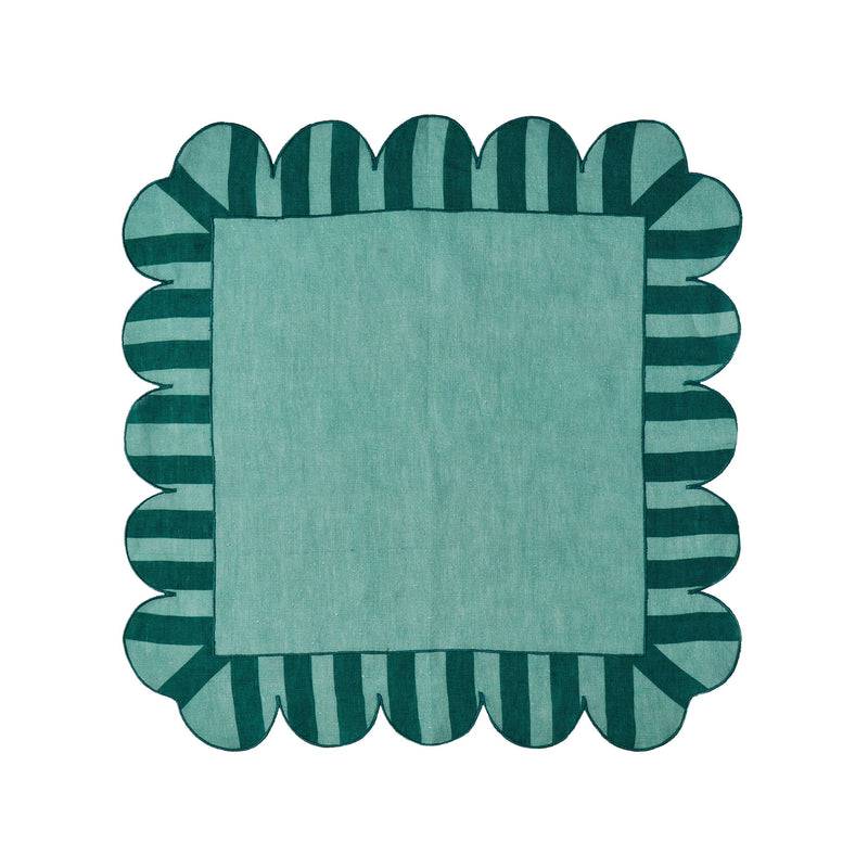 Misette - Jardin Embroidered Linen Scalloped Stripe Napkins with Color Backing in Green (Set of 4): Green / 1 Set