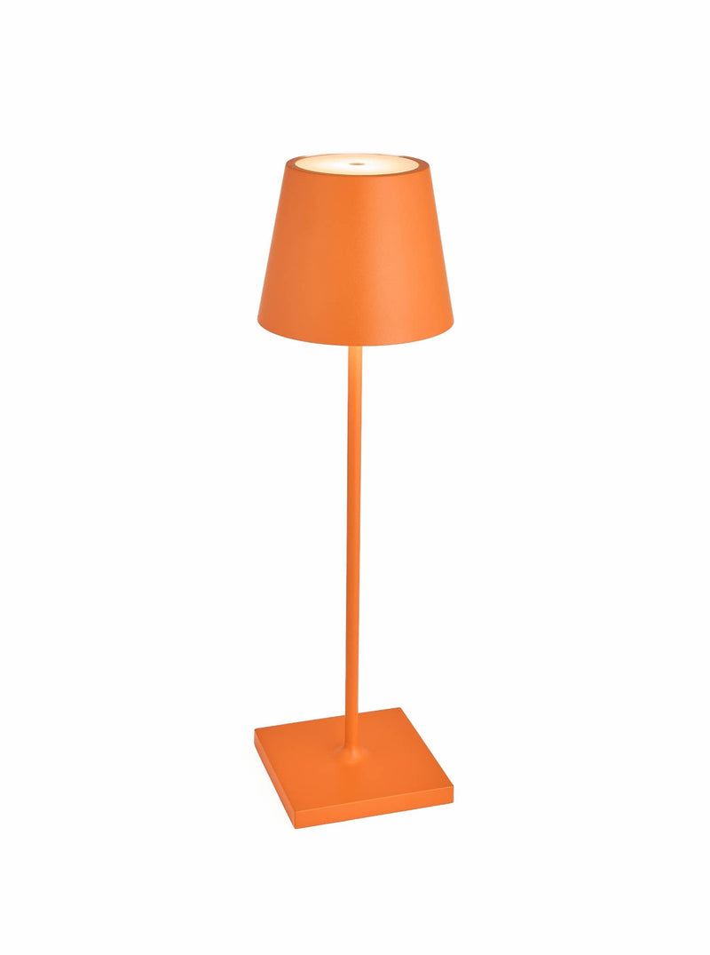 Zafferano America - Poldina Pro Cordless Lamp: Rust with a minimalist design, featuring a touch-activated, dimmable LED light on a slender stem and square base.