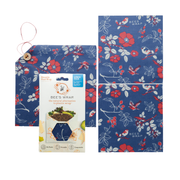 Bee's Wrap - Lunch 3 Pack - Botanical: Set of reusable beeswax-coated wraps with floral pattern, including a sandwich wrap with button closure, highlighting sustainability and zero plastic use.