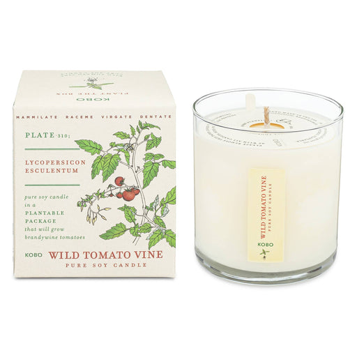 KOBO - Wild Tomato Vine - Plant the Box Candle, 9oz. White candle in glass, box featuring tomato plant image, offering a fresh, herbaceous fragrance.