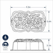 Nordic Ware | Wildflower Loaf Pan sketch, featuring detailed flower and fern patterns with measurements, highlighting its artistic design for elegant baking.