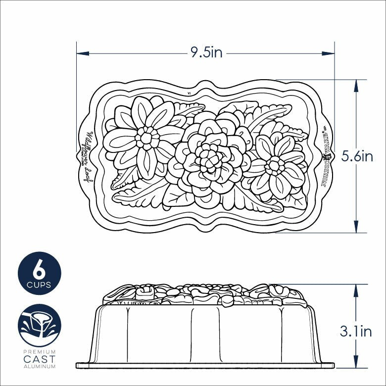 Nordic Ware | Wildflower Loaf Pan sketch, featuring detailed flower and fern patterns with measurements, highlighting its artistic design for elegant baking.