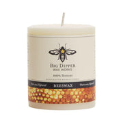 Big Dipper Wax Works Pure Beeswax Pillar Candle, Large 3 x 6, emits a warm glow and sweet honey scent, ideal for elegant home decor.