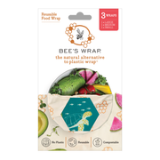 Bee's Wrap - Assorted 3 Pack - Oceans, features reusable fabric wraps with sea turtle and fish illustrations, ideal for preserving food. Includes small, medium, and large sizes.