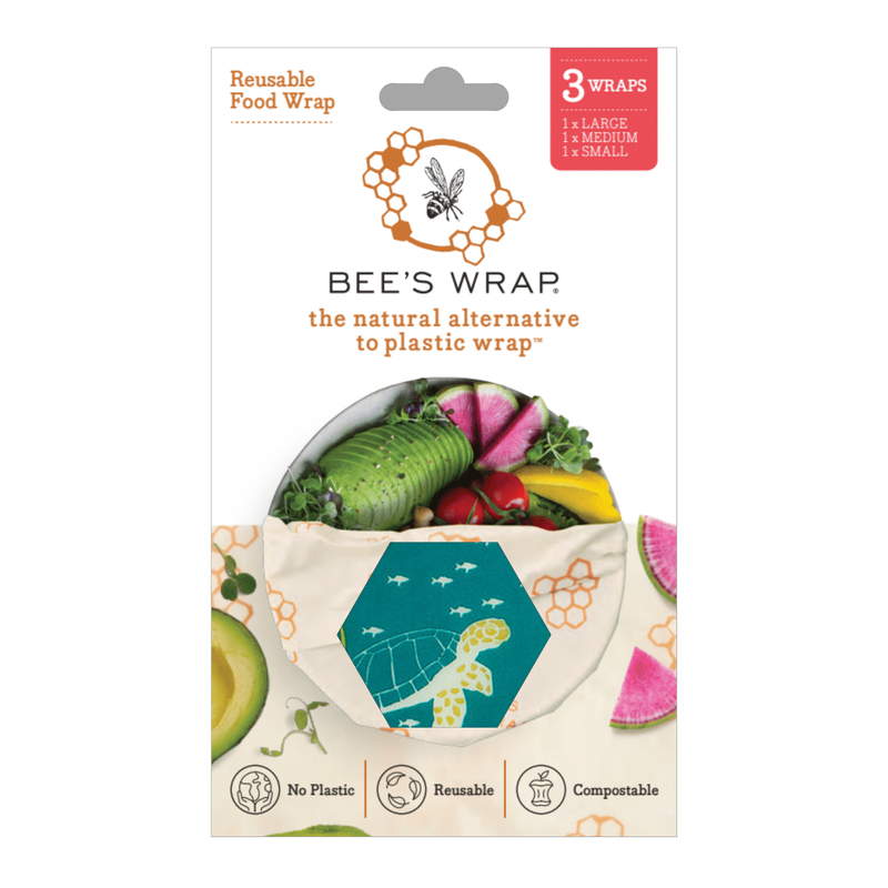 Bee's Wrap - Assorted 3 Pack - Oceans, features reusable fabric wraps with sea turtle and fish illustrations, ideal for preserving food. Includes small, medium, and large sizes.