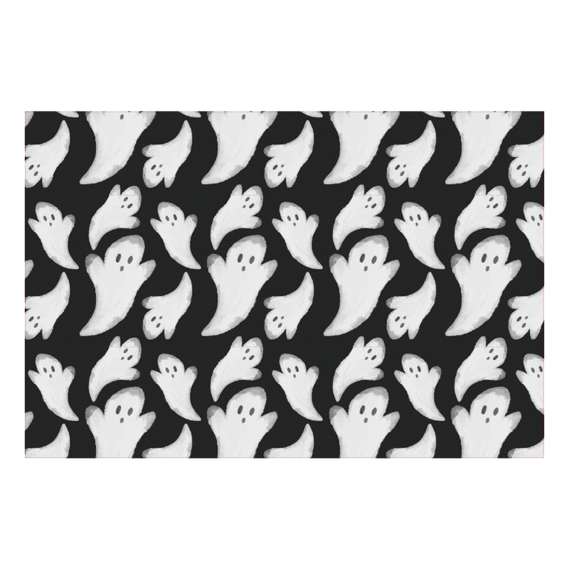 Carolina Creekhouse - Fab-Boo-Lous FloorFlat: Black premium vinyl mat with playful white ghost pattern, ideal for stylish, easy-to-clean Halloween-themed home decor.