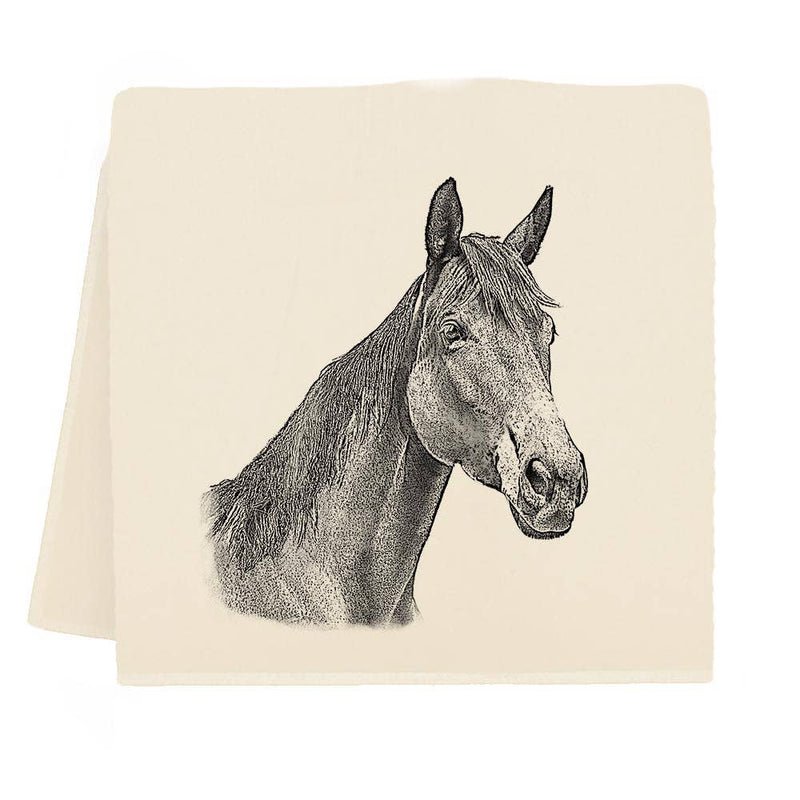 Eric & Christopher - Horse Tea Towel featuring a sketch of Dreamer, a horse with a long mane, screen printed on pre-shrunk flour sack cotton.