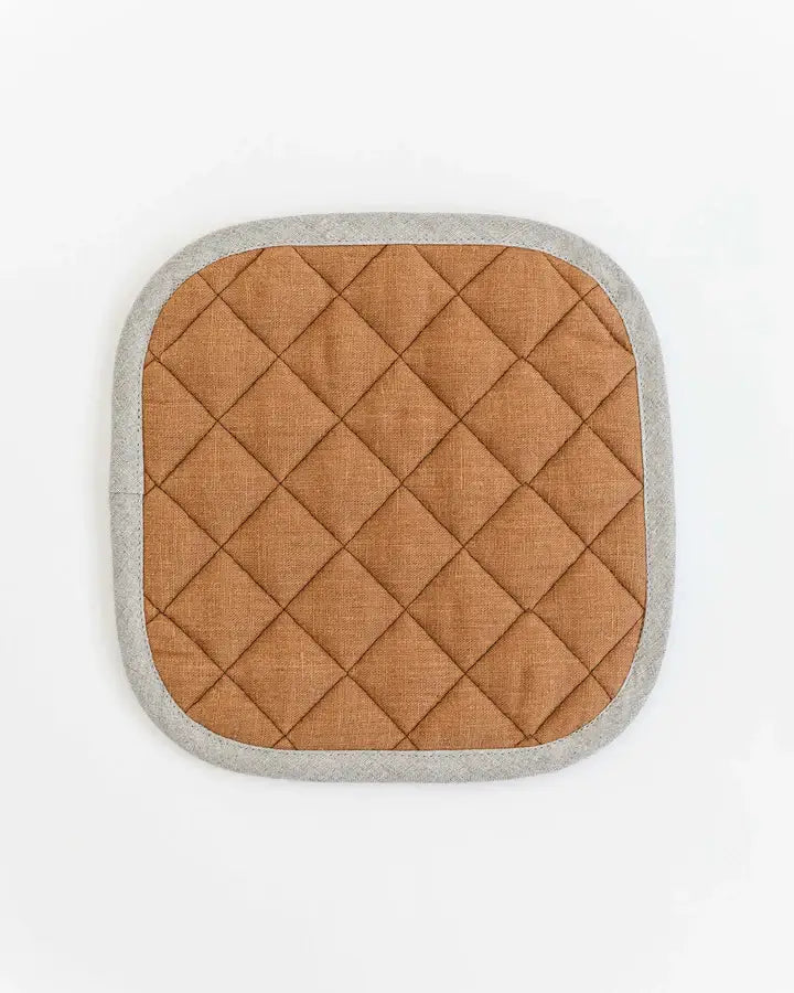 MagicLinen - Linen pot-holder in Cinnamon; a square, quilted kitchen accessory with a hanging loop, crafted from soft, durable European flax for heat protection.