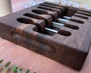 Loudblade - Custom Solid Walnut Wooden Flatware Drawer Organizer showcasing stainless-steel skewer storage in end-grain walnut, emphasizing elegance and functionality for kitchen organization.