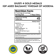 Giusti 4 Gold Medals IGP Aged Balsamic Vinegar, 8.45 fl oz, features nutrition facts and certifications on elegant packaging, highlighting its rich flavor profile and culinary versatility.