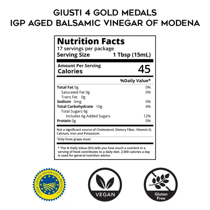 Giusti 4 Gold Medals IGP Aged Balsamic Vinegar, 8.45 fl oz, features nutrition facts and certifications on elegant packaging, highlighting its rich flavor profile and culinary versatility.