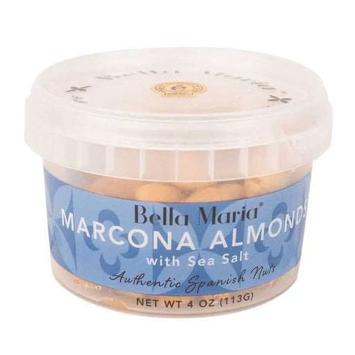 Bella Maria Marcona Almonds with Sea Salt in a 4 oz clear tub, labeled Authentic Spanish Nuts, ideal for culinary enthusiasts at Athens Cooks.
