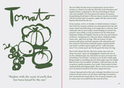 Cookbook spread from Tenderheart by Hetty Lui McKinnon, featuring tomato illustrations, quotes, and reflections on tomatoes, recipes, and heritage. Page 439 highlights tomato pairings and tips.