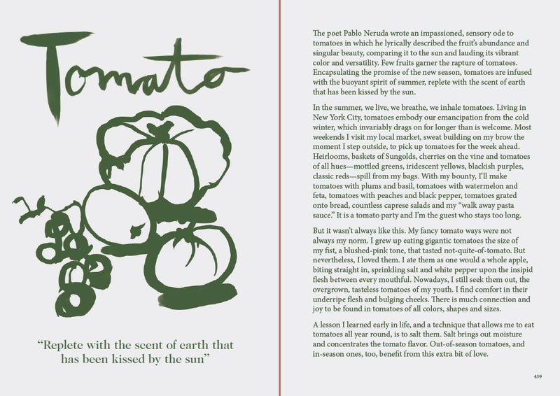 Cookbook spread from Tenderheart by Hetty Lui McKinnon, featuring tomato illustrations, quotes, and reflections on tomatoes, recipes, and heritage. Page 439 highlights tomato pairings and tips.
