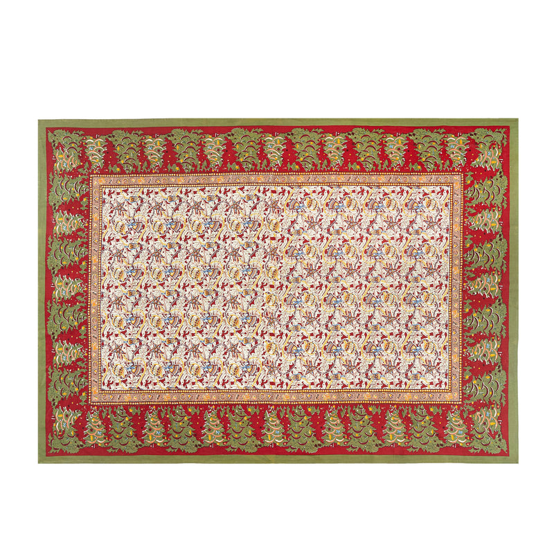 Couleur Nature Noel Red & Green French Tablecloth: A 71 x 106 handprinted linen featuring festive Christmas motifs and a floral-star pattern, ideal for holiday gatherings.