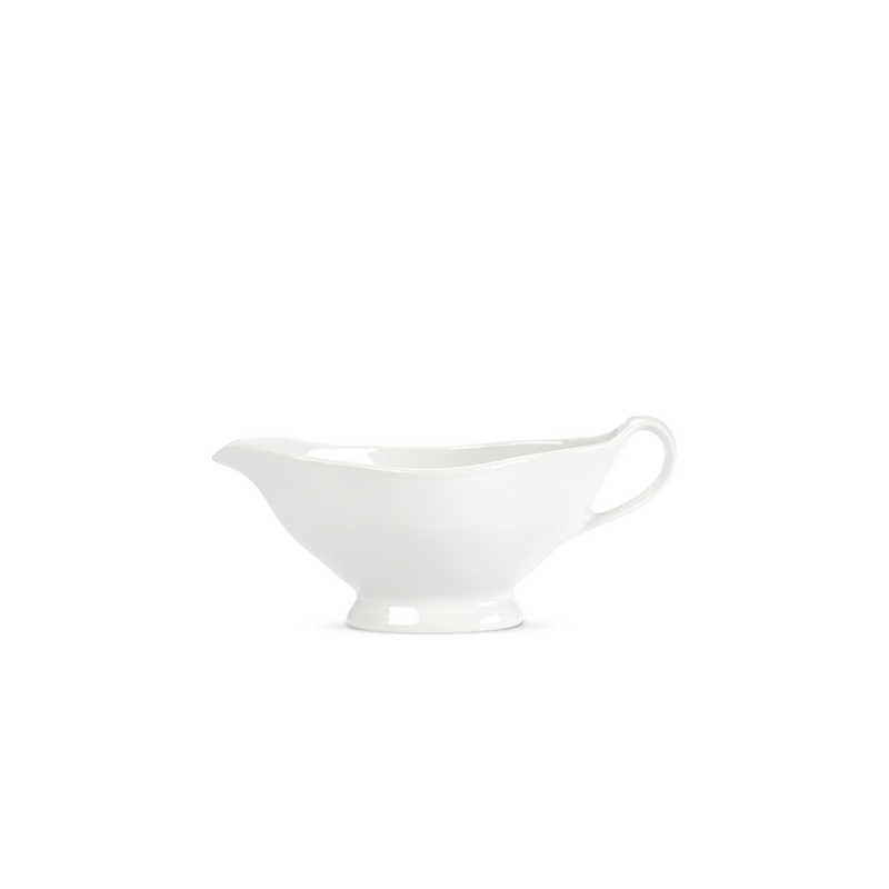 Pillivuyt Sauceboat with Handle, a classic white porcelain pitcher for sauces, featuring a sturdy handle and spout, ideal for elegant serving.