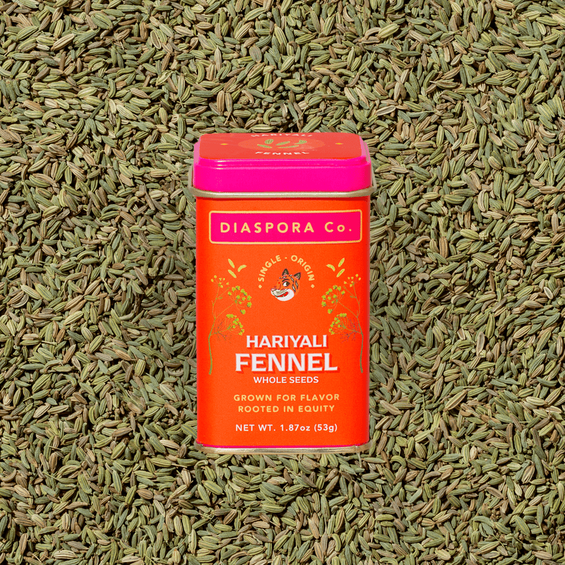 Diaspora Co. Spices - Hariyali Fennel in a small, orange container featuring vibrant green seeds, symbolizing freshness and potency, from the Sakariya family farm.