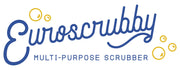 EuroScrubby product logo featuring EuroScrubby in blue script, MULTI-PURPOSE SCRUBBER below, with yellow bubbles, emphasizing its versatile cleaning capabilities for kitchen, bathroom, and outdoor use.