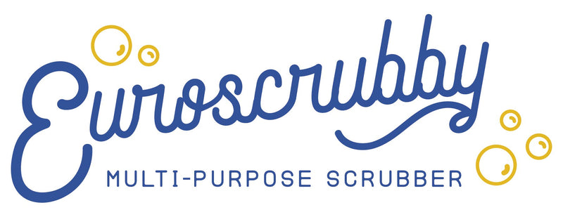 EuroScrubby product logo featuring EuroScrubby in blue script, MULTI-PURPOSE SCRUBBER below, with yellow bubbles, emphasizing its versatile cleaning capabilities for kitchen, bathroom, and outdoor use.
