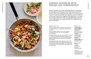 Penguin Random House LLC - Cooking Fast And Slow cookbook spread featuring Harissa Chickpeas with Squash and Pomegranate recipe, showcasing vibrant ingredients and simple preparation.