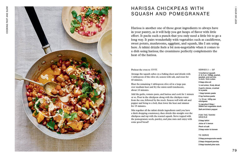 Penguin Random House LLC - Cooking Fast And Slow cookbook spread featuring Harissa Chickpeas with Squash and Pomegranate recipe, showcasing vibrant ingredients and simple preparation.