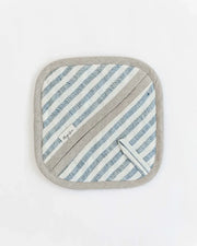MagicLinen - Linen pot-holder in Striped in Blue with handle, quilted exterior, and heat-insulating padding, perfect for safe handling in the kitchen.