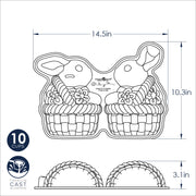 Nordic Ware | Bunny In Basket 3D Cake Pan: A detailed sketch of a bunny-shaped cake pan, perfect for creating decorative Easter centerpieces with intricate floral and woven patterns.