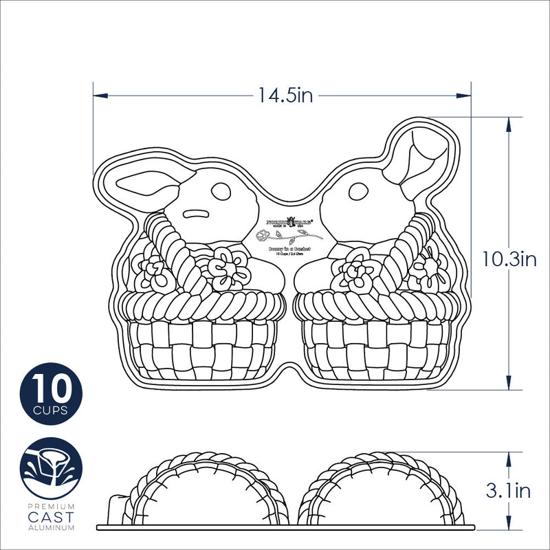 Nordic Ware | Bunny In Basket 3D Cake Pan: A detailed sketch of a bunny-shaped cake pan, perfect for creating decorative Easter centerpieces with intricate floral and woven patterns.