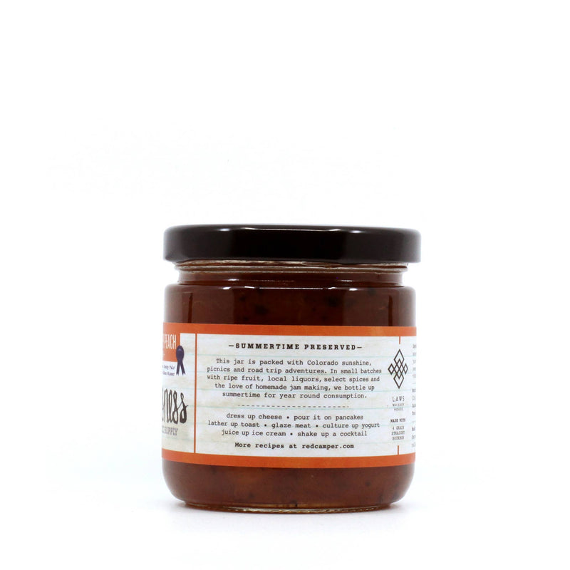 RedCamper - Colo. Whiskey Peach Deliciousness Preserves, 9 oz jar, ideal for cheeseboards, made with organic peaches, Laws Whiskey, and vanilla, pairs well with various foods.