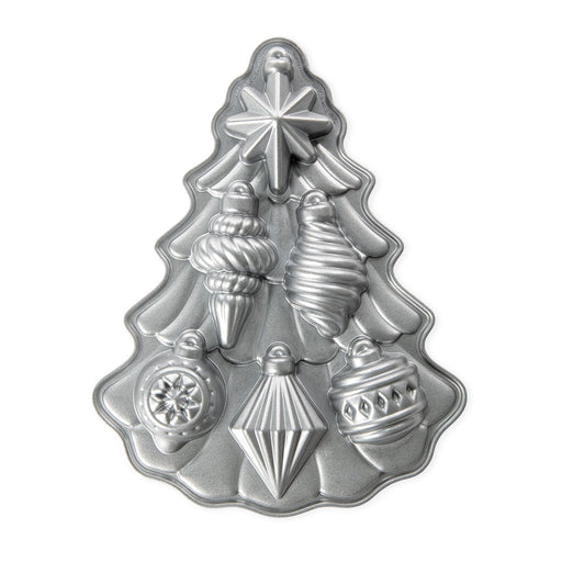 Nordic Ware | Vintage Ornament Cakelet Pan: Silver, tree-shaped baking pan ideal for crafting festive, ornament-shaped cakelets with intricate details and nonstick coating for easy release.
