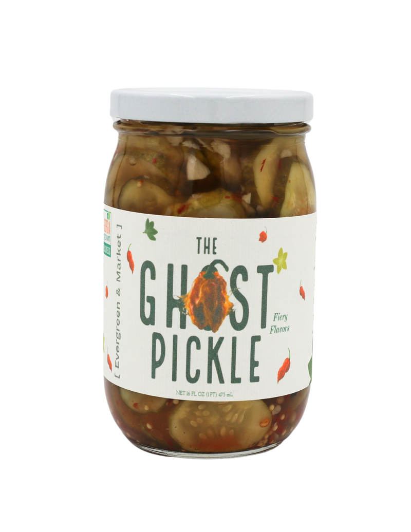 The Ghost Pickle by Evergreen and Market: A glass jar of fiery ghost-pepper flavored pickled cucumber slices in brine, perfect for adventurous taste buds.