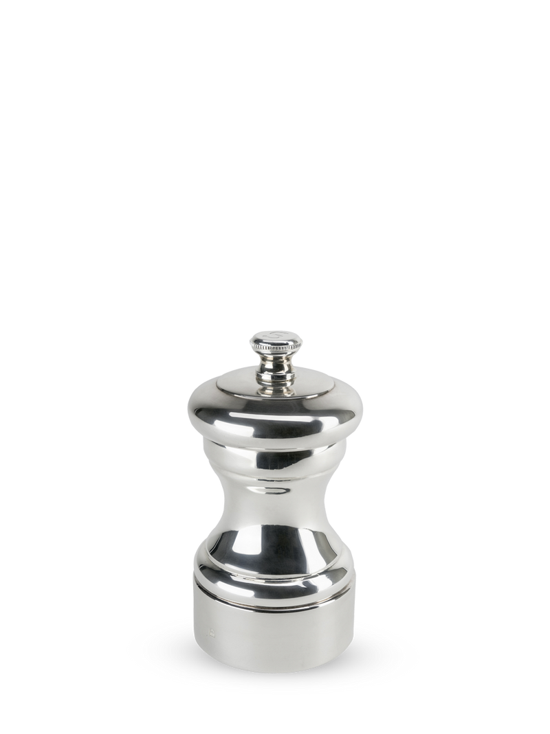 Peugeot Mignonnette Silver Plated Salt Mill, 4 inches, features a shiny, stainless-steel design, reissuing Peugeot's 1874 classic with premium silver-plated craftsmanship for precise spice grinding.