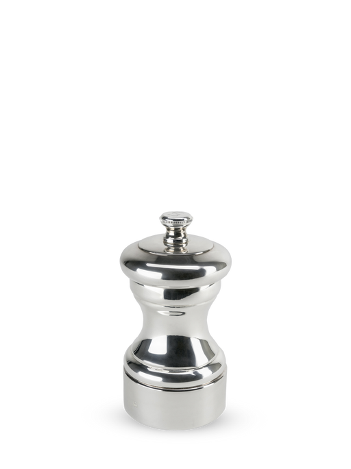 Peugeot Mignonnette Silver Plated Salt Mill, 4 inches, features a shiny, stainless-steel design, reissuing Peugeot's 1874 classic with premium silver-plated craftsmanship for precise spice grinding.