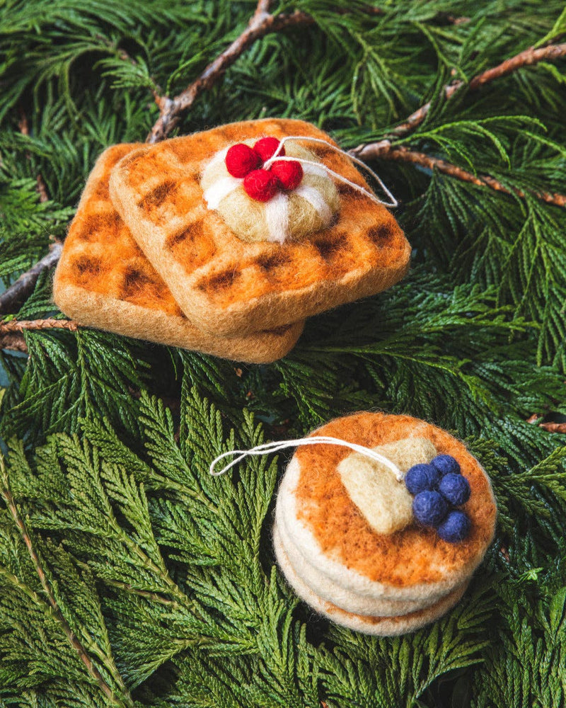 Farmhouse Pottery - Felted Breakfast Ornament: Pancake Stack and Waffle Stack, handcrafted wool felt ornaments styled as breakfast treats, perfect for festive decoration.
