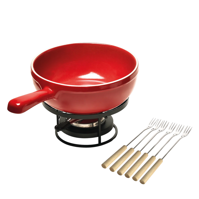 Emile Henry | Cheese Fondue Set, Burgundy: Small ceramic pot on metal stand with burner, includes long-handled forks, ideal for cozy gatherings and healthy cooking.