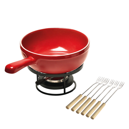 Emile Henry | Cheese Fondue Set, Burgundy: Small ceramic pot on metal stand with burner, includes long-handled forks, ideal for cozy gatherings and healthy cooking.